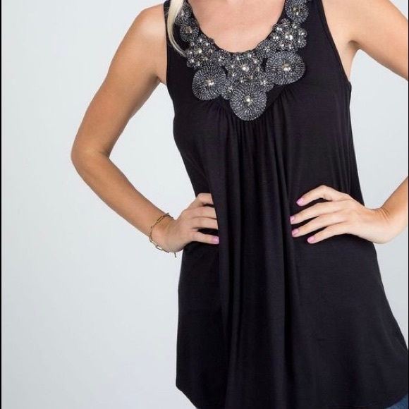 LUREX BEADED NECK TRIM SOLID JERSEY TANK TOP - Picture 4 of 4